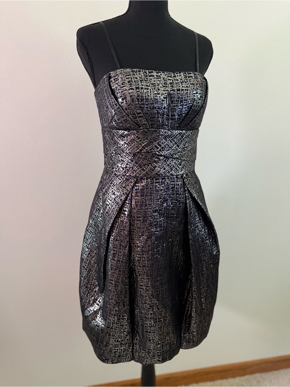 Max & Cleo Metallic Brocade Cocktail Dress Size 6 Strapless Fit Flare Pockets